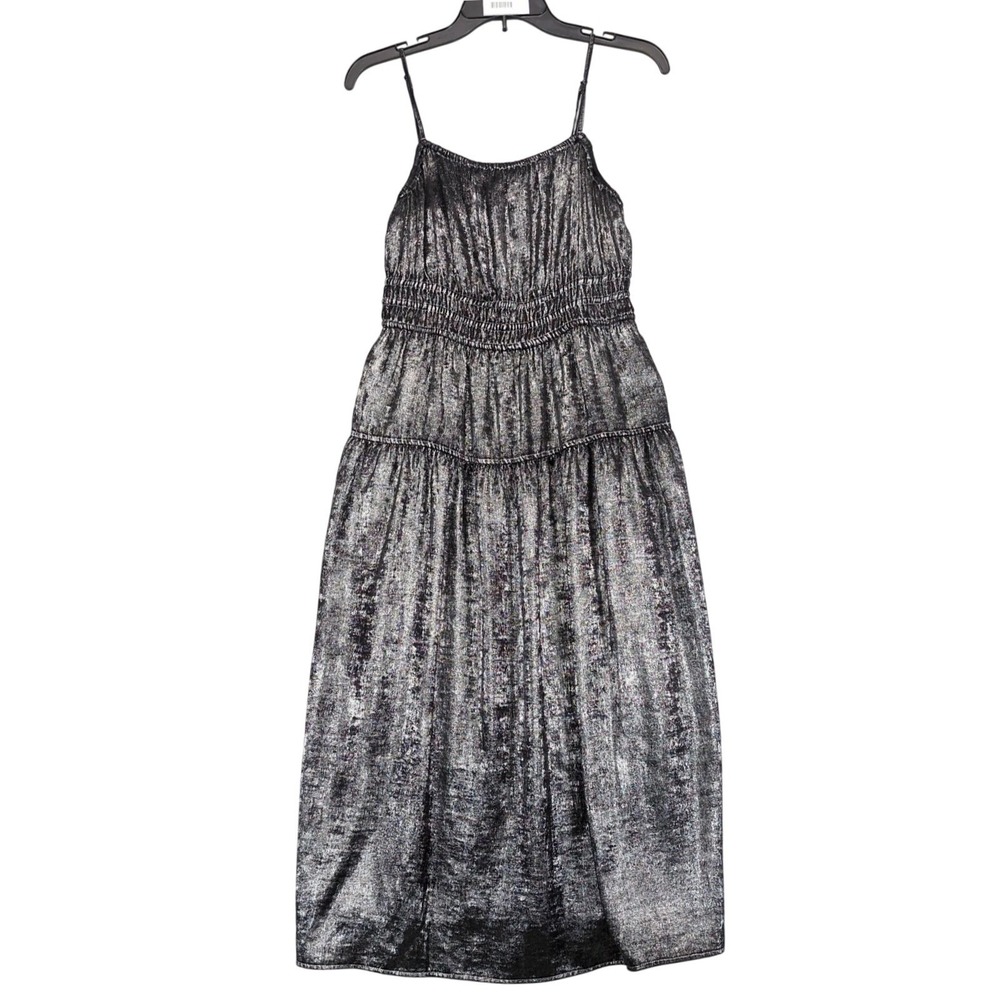 Old Navy Black Silver Metallic Tiered Midi Dress Sz M Spaghetti Strap Shimmer